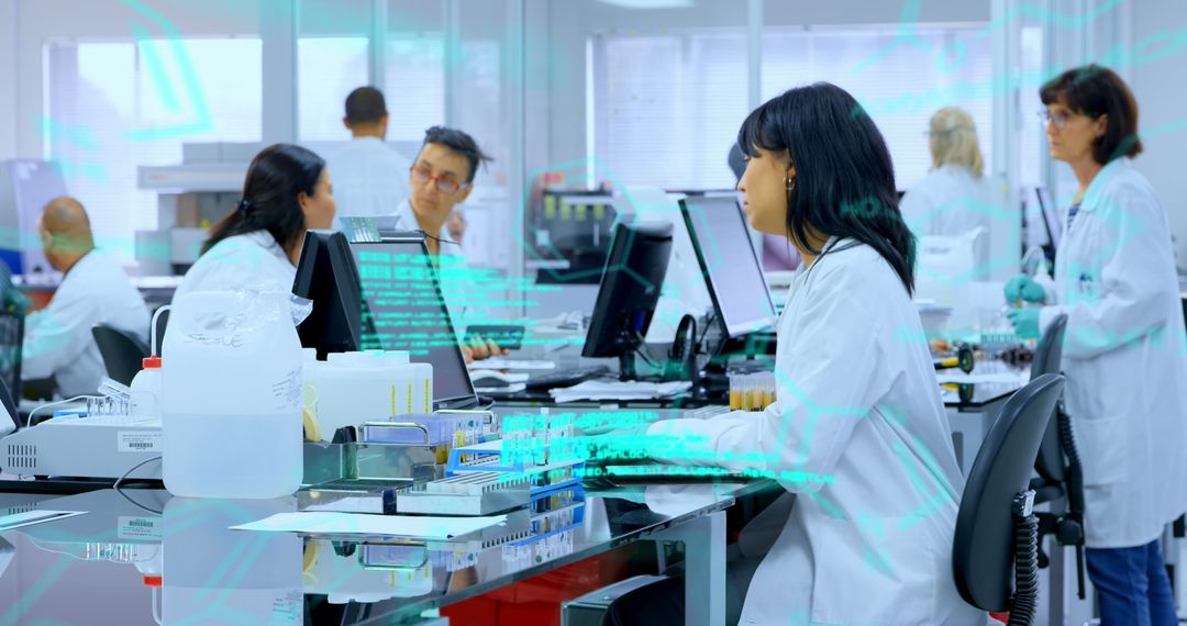 Team of Scientists Analyzing Data in Futuristic Laboratory