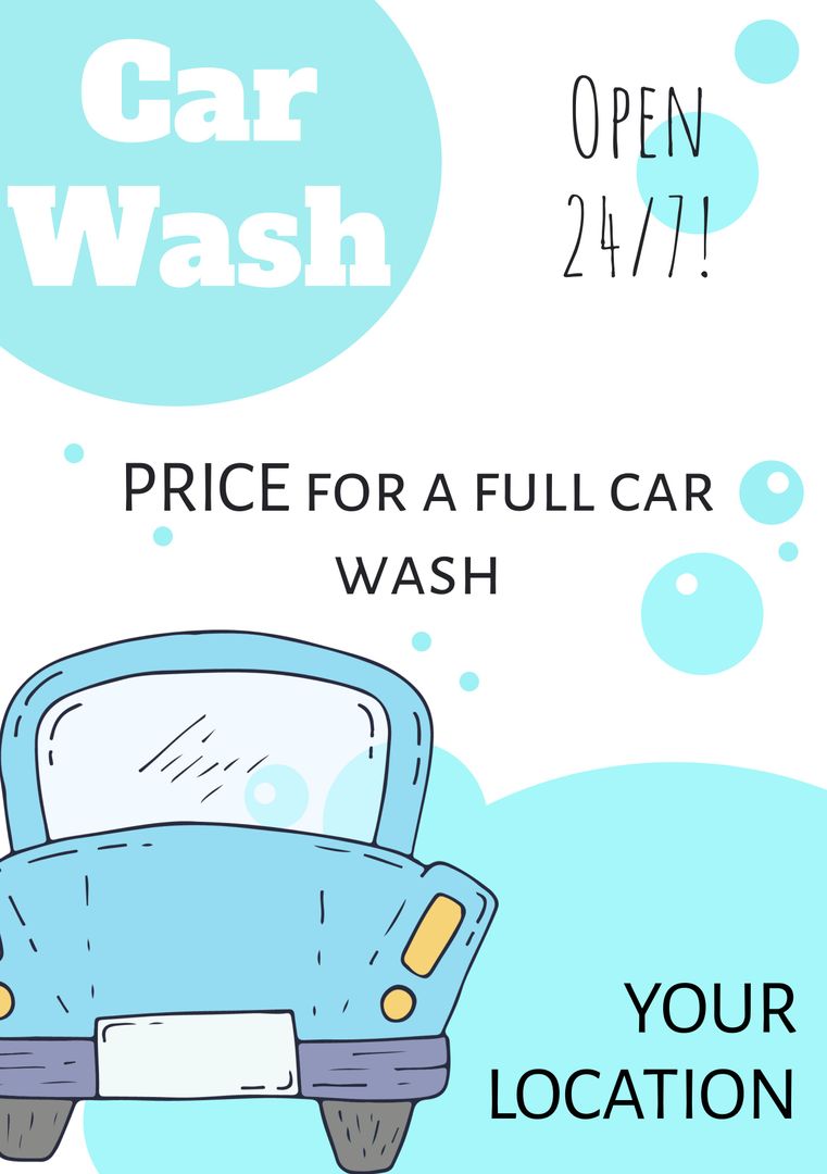 24/7 Car Wash Promotion with Bubbles and Cartoon Car