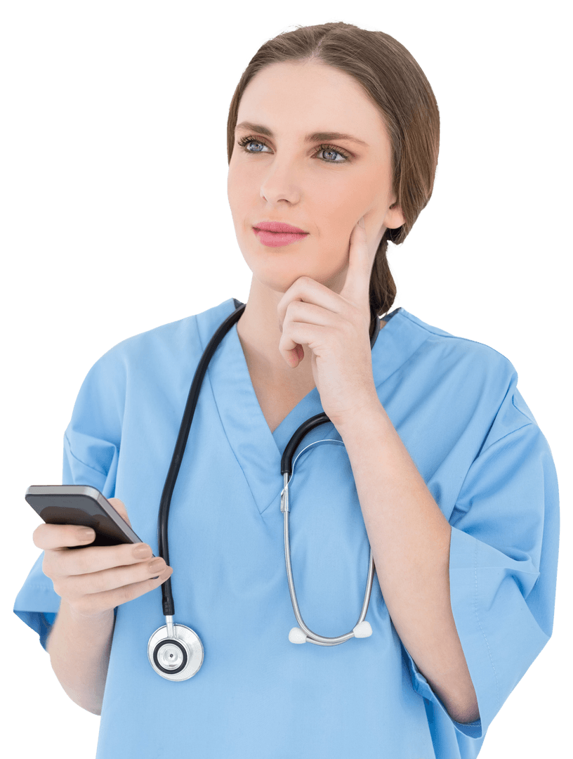 Thoughtful Female Doctor with Smartphone on Transparent Background