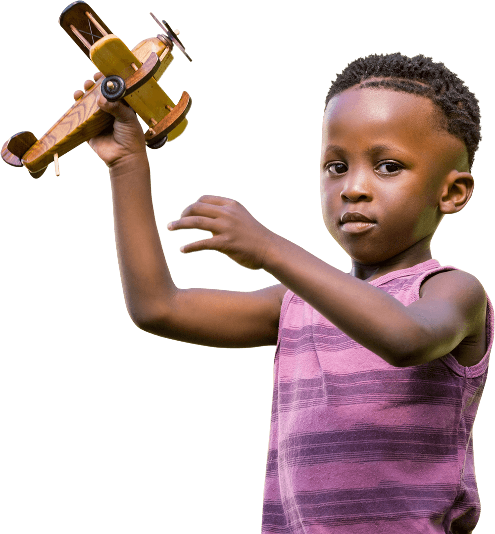 Child with Wooden Toy Airplane Isolated on Transparent Background