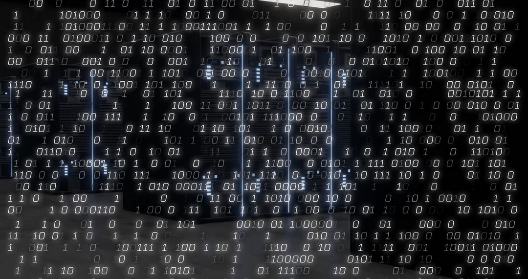 Binary Code and Glowing Server Racks in Modern Data Center