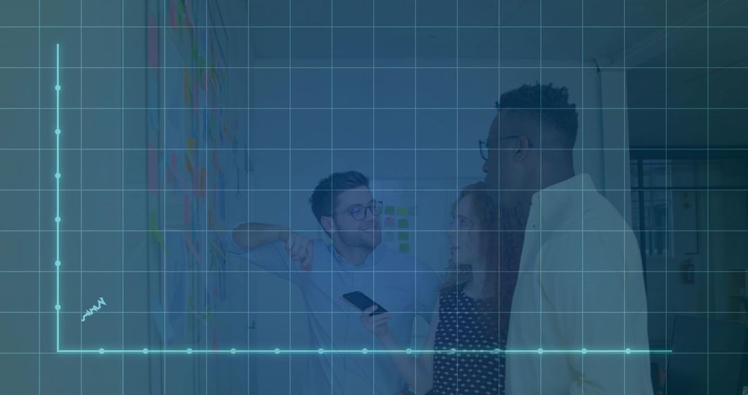 Pointing man leading team at sticky note wall with data grid overlay for collaboration