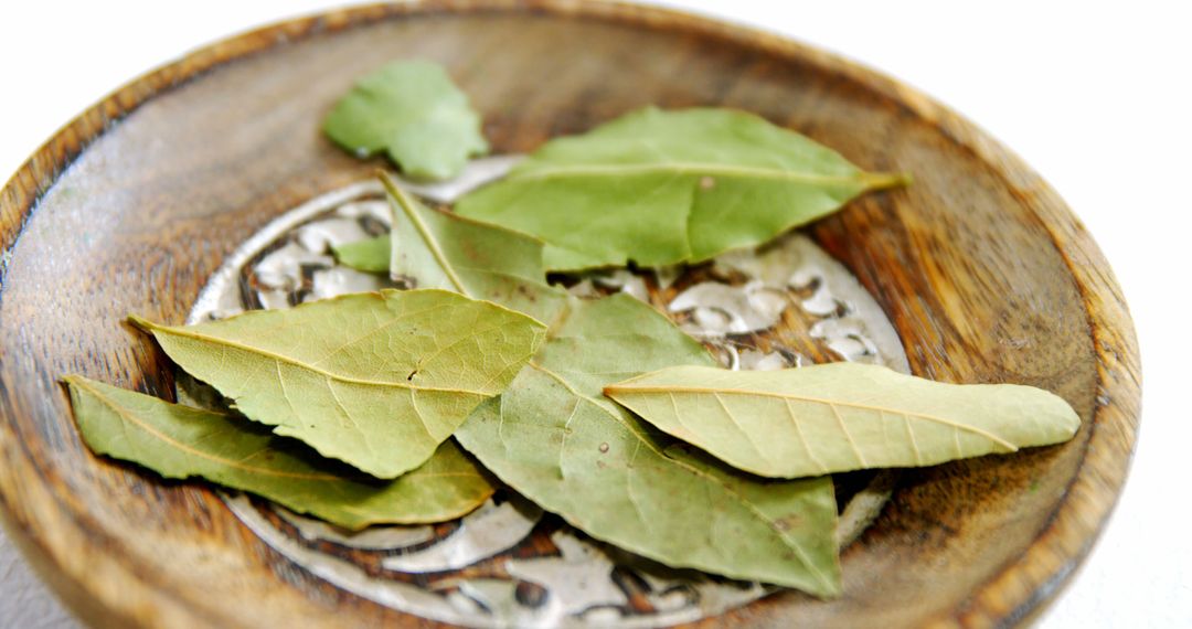 Fresh Bay Leaves on Wooden Plate - Free Images, Stock Photos and Pictures on Pikwizard.com