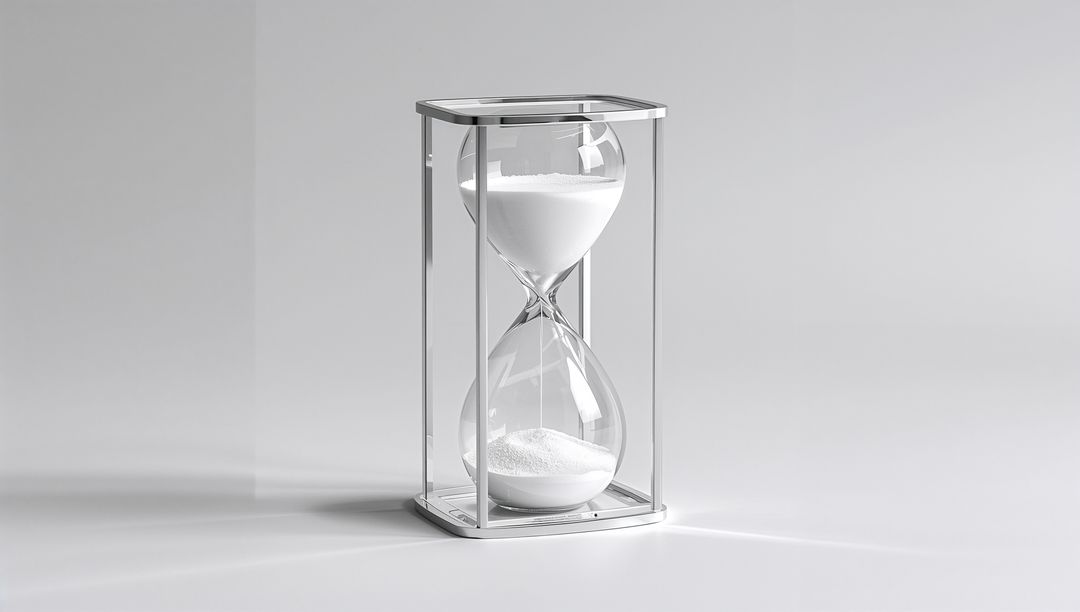 Modern Hourglass with White Sand and Metal Frame on Matte Surface
