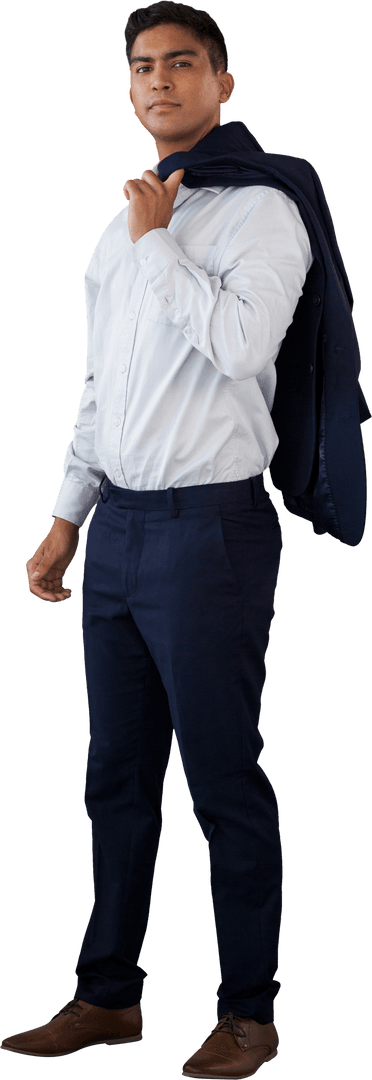 Confident Businessman Holding Suit Jacket in Transparent Setting