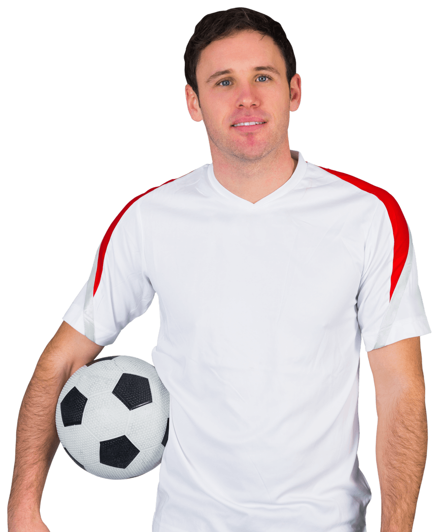 Smiling Male Soccer Player Holding Ball on Transparent Background