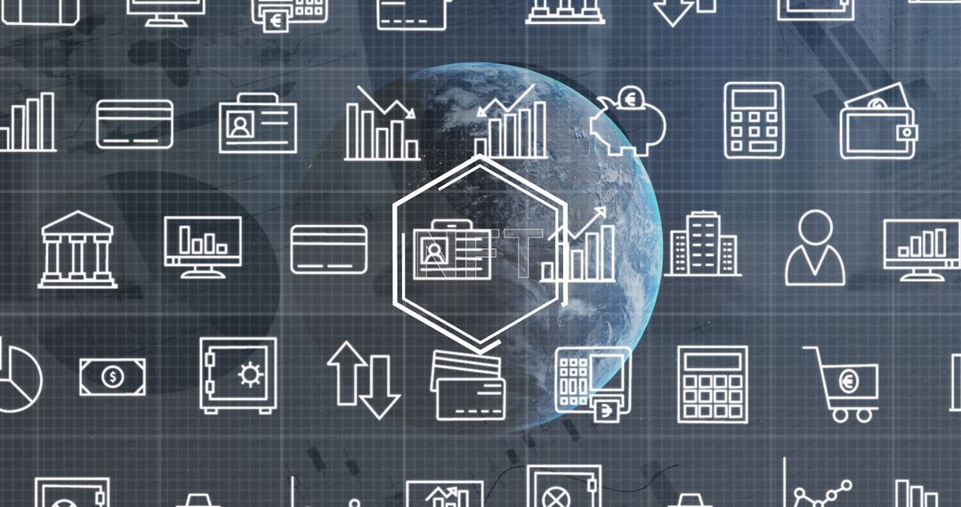 Global Finance Icons Overlay on Planet Earth Grid Background
