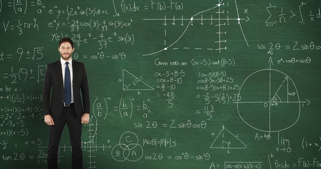 Confident Businessman Standing in front of Mathematical Chalkboard Designs