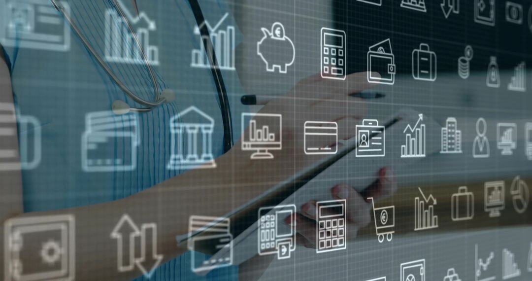 Clinician Holding Tablet with Financial Icons in Healthcare Setting