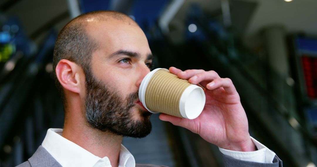 Confident Businessman Drinking Coffee To-Go Cup in Urban Setting - Free Images, Stock Photos and Pictures on Pikwizard.com