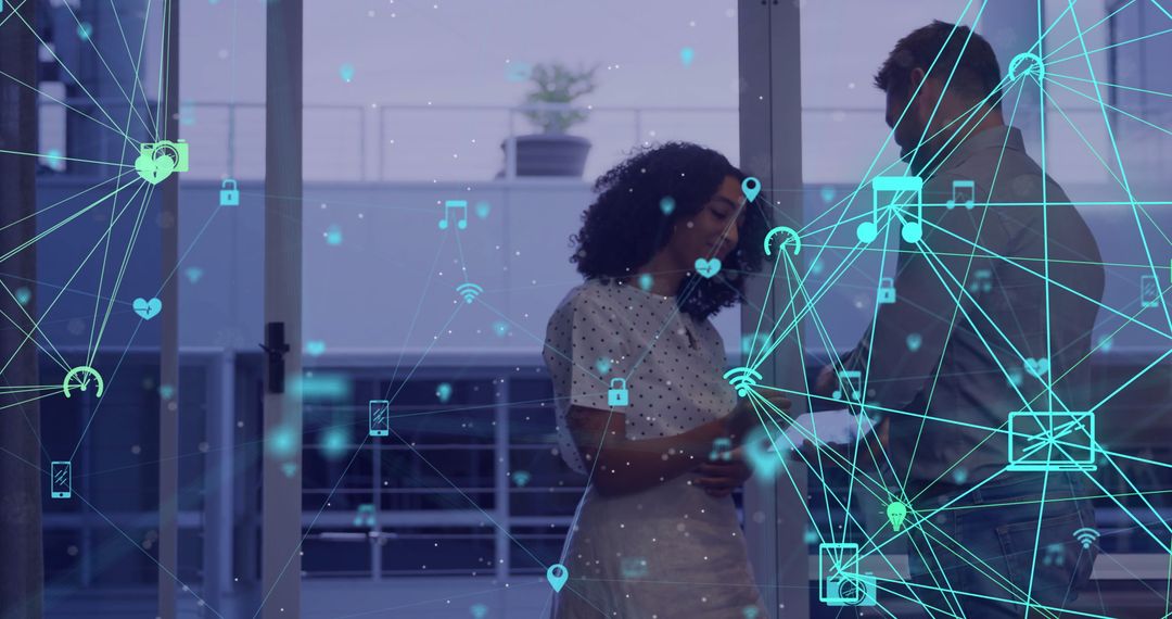 Colleagues Discussing Data with Digital Interface Overlays