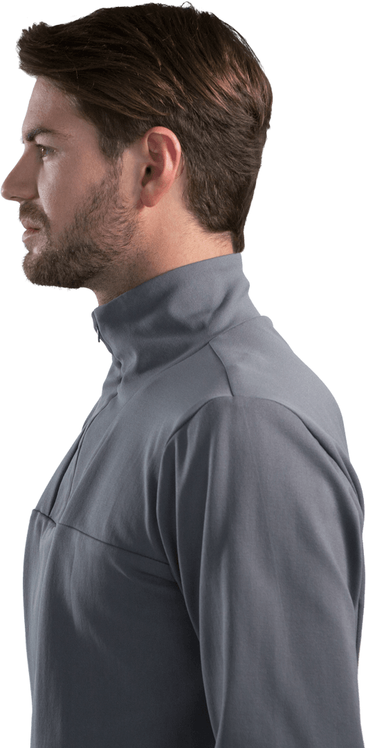 Side Profile View of Man in Gray Jacket on Transparent Background