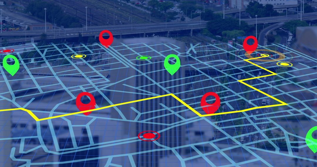 GPS Navigation Map with Route Pins Over City Traffic View