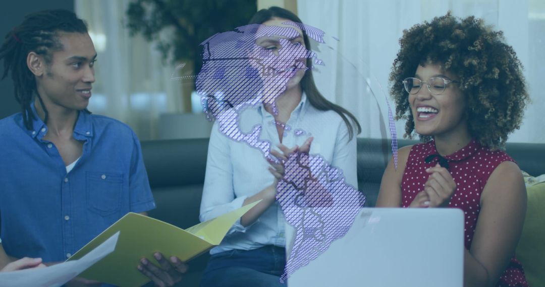 Diverse Team Collaborating with Global Technology in Modern Workspace