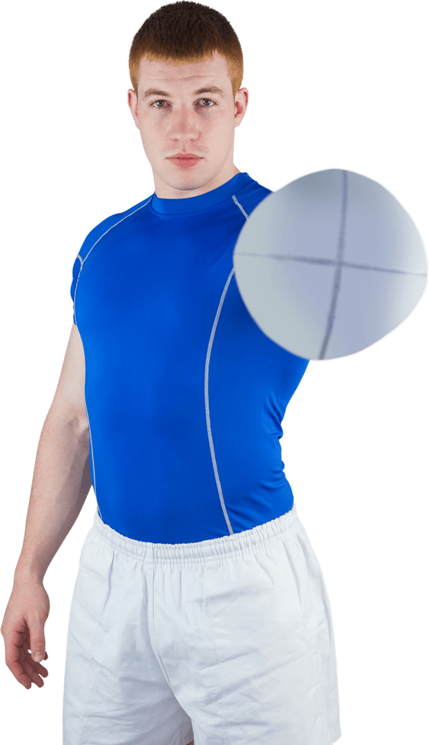 Rugby Player in Sports Attire Holding Transparent Rugby Ball
