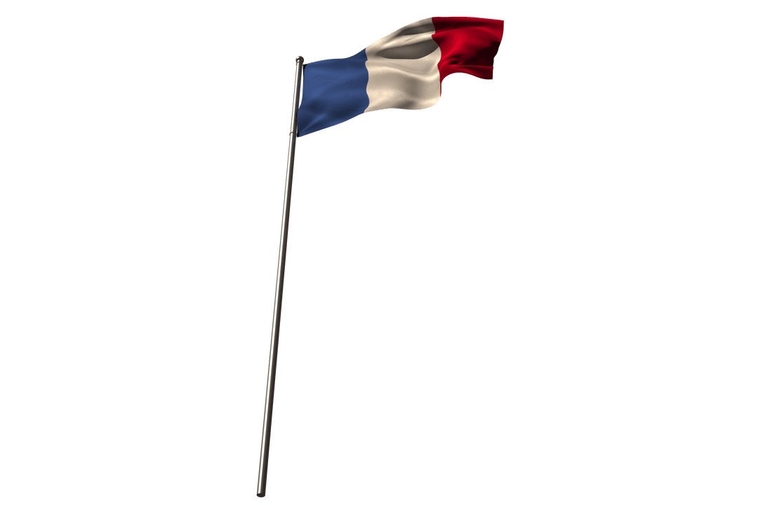 Transparent France Flag Waving on Flagpole Isolated High View