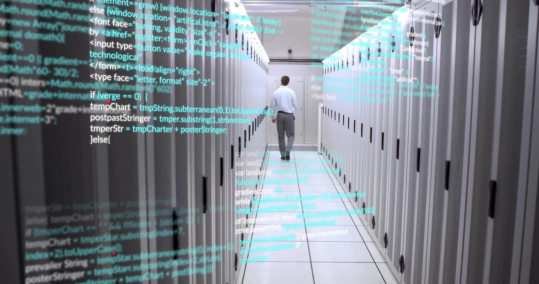 Professional Walking in Data Center with Digital Code Overlay