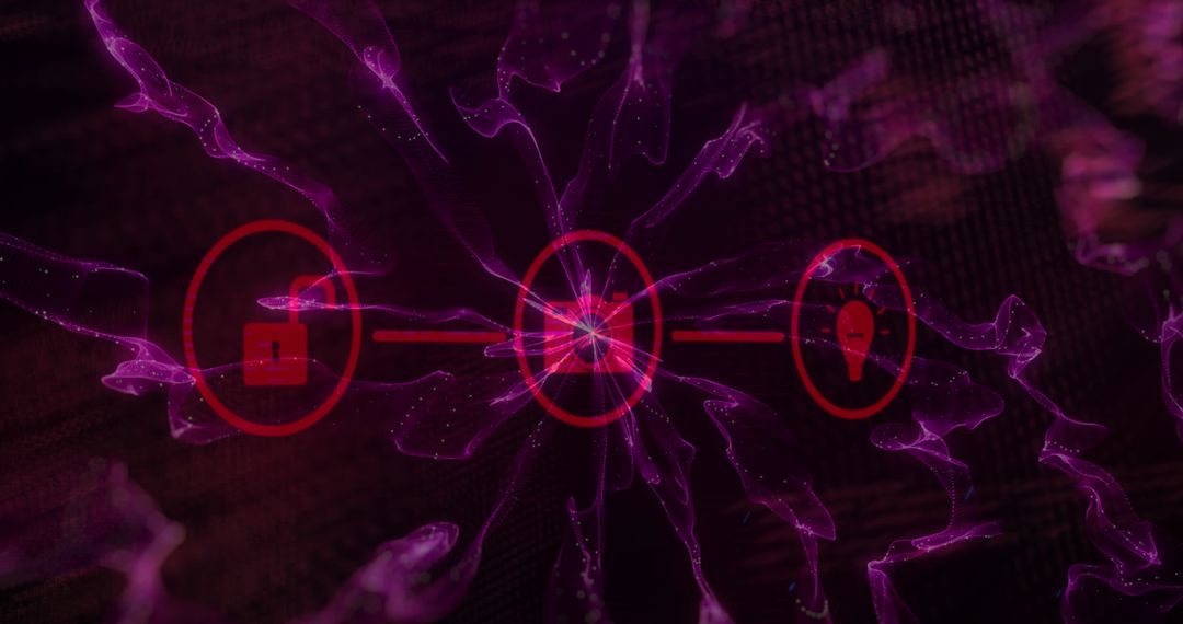 Digital Network Interface with Holographic Icons on Abstract Background