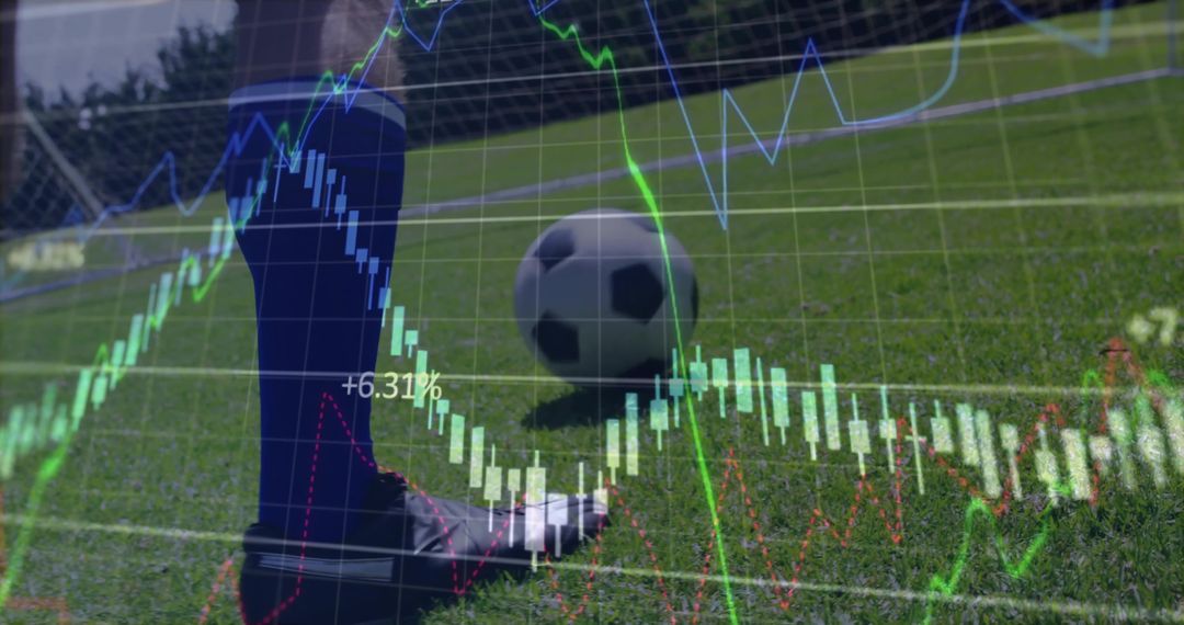 Athlete with Soccer Ball on Field with Data Analysis Overlay