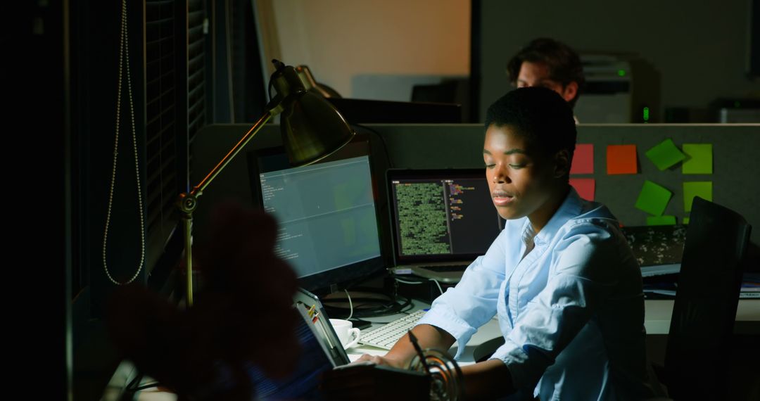 Focused Developer Programming at Night in Dimly Lit Office - Free Images, Stock Photos and Pictures on Pikwizard.com