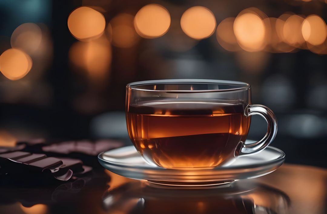 Cup of Black Tea on Glass Saucer with Warm Bokeh Background