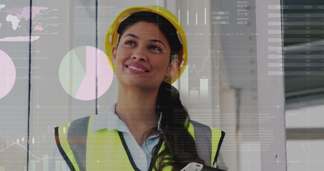 Smiling Architect Analyzing Global Financial Data on Tablet