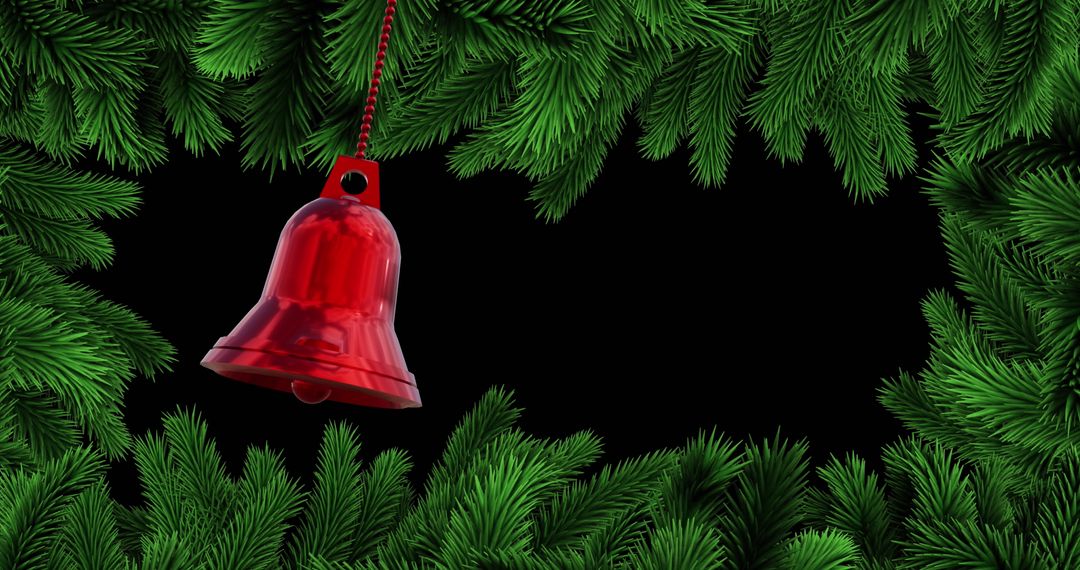 Red Christmas Bell Ornament Hanging in Green Fir Branches