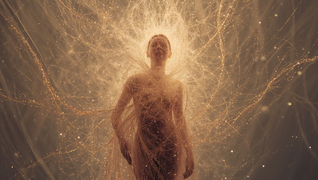 Man glowing within golden filament aura, floating in dark void with ethereal halo