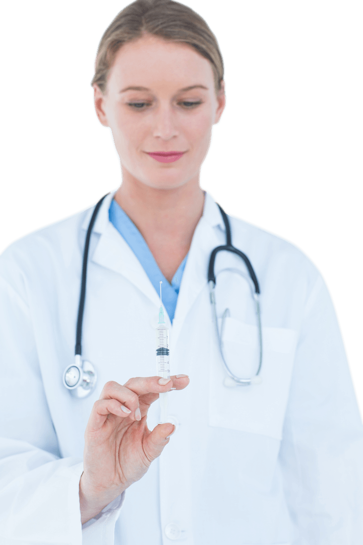 Transparent Focused Doctor Holding Syringe in Hands