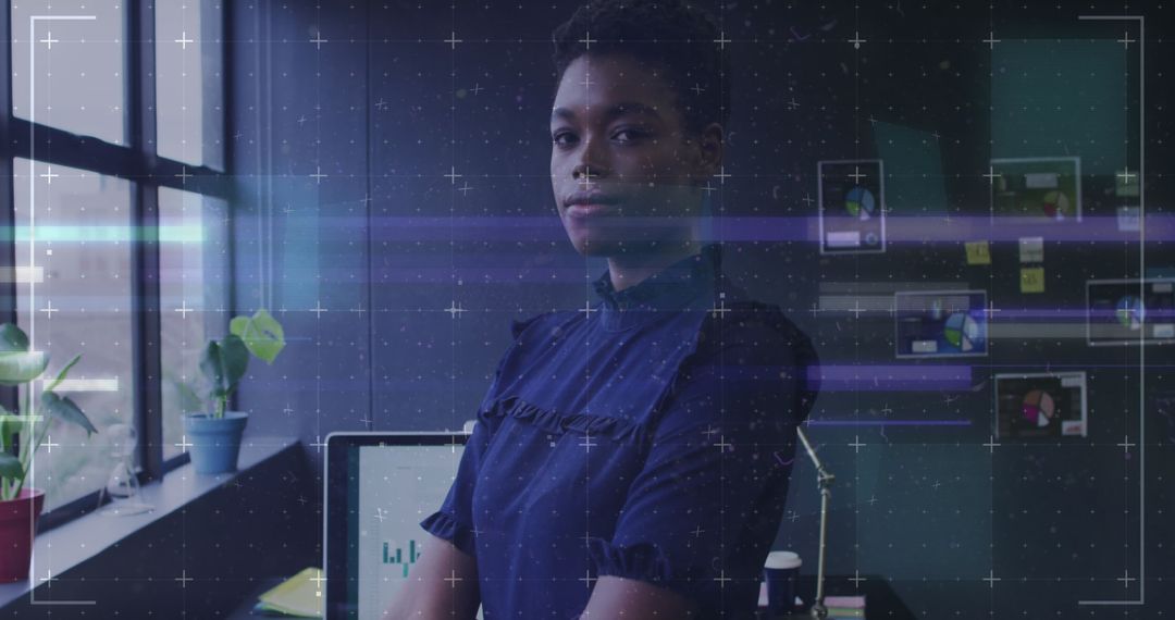 Confident Businesswoman in Tech-Centric Workspace