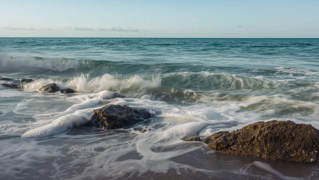 Waves crashing over barnacle-covered rocks on sandy shoreline with seafoam and thin clouds