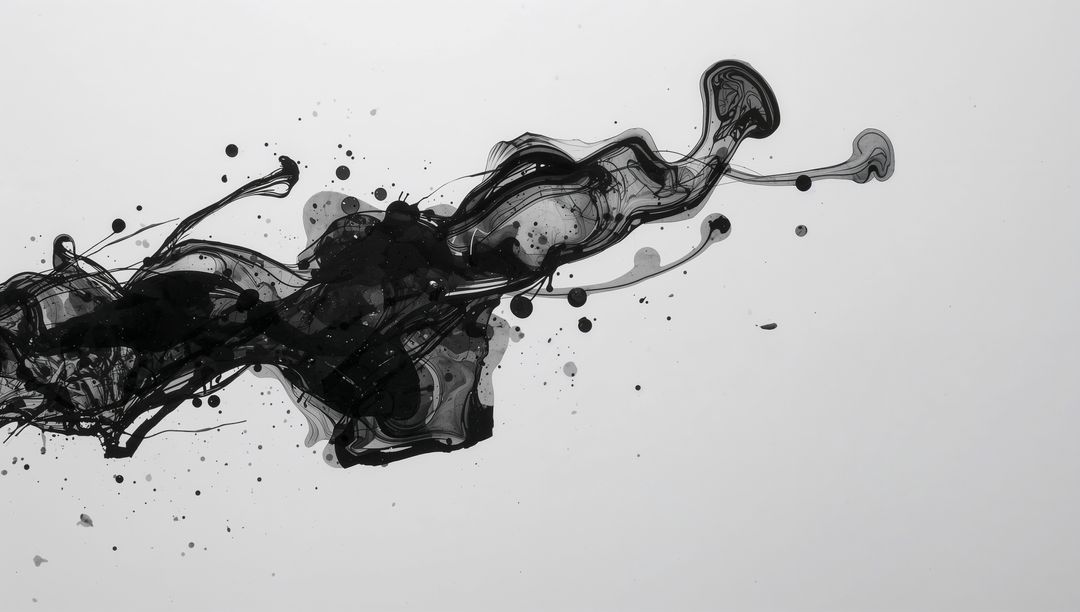 Abstract Black Ink Swirl on White Canvas with Splatter Marks