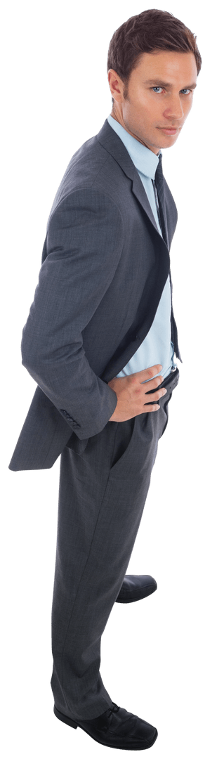 Transparent Stern Businessman Standing with Hands on Hips, Gray Suit
