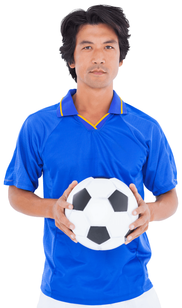 Transparent Football Player Holding Soccer Ball in Blue Jersey