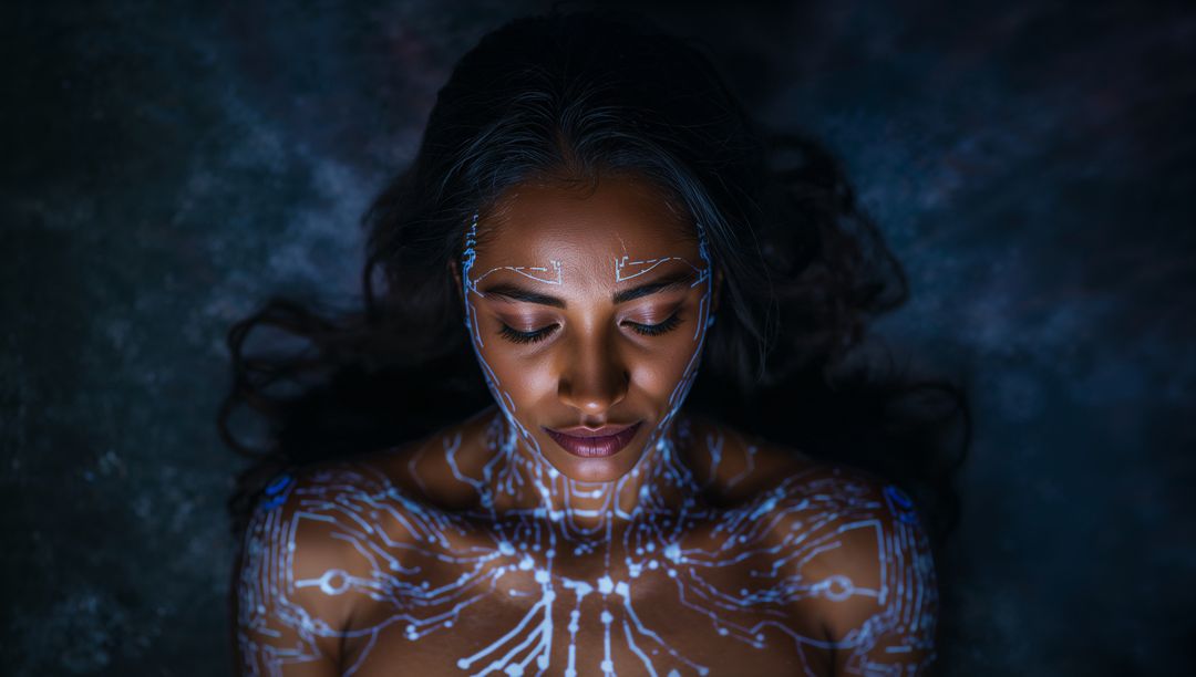 Model lying with glowing circuit body paint and neon cybernetic markings, top-down portrait