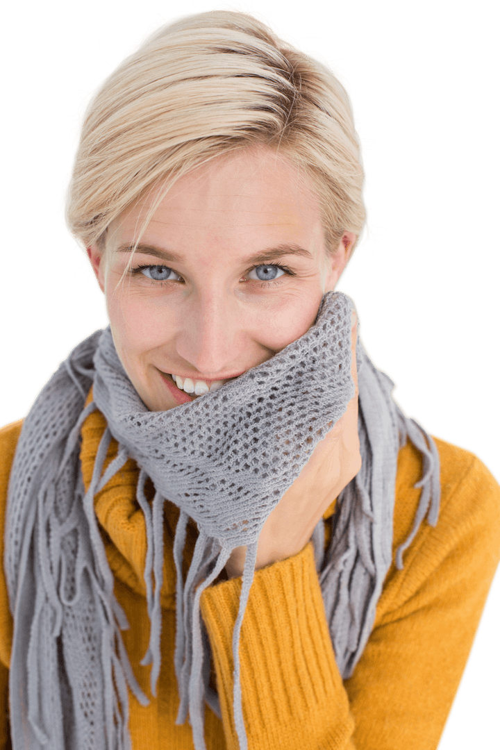 Happy Woman in Yellow Sweater and Gray Scarf on Transparent Background