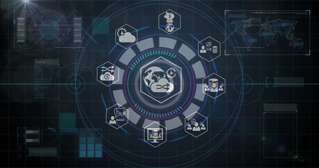 Digital Network Interface with Futuristic Data Processing Icons