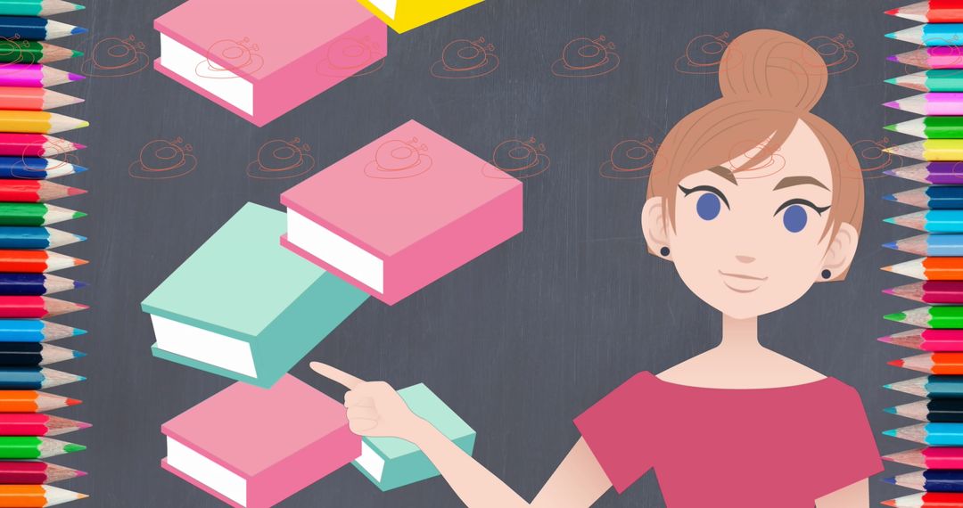 Illustration of Teacher and Floating Books with Colorful Pencils