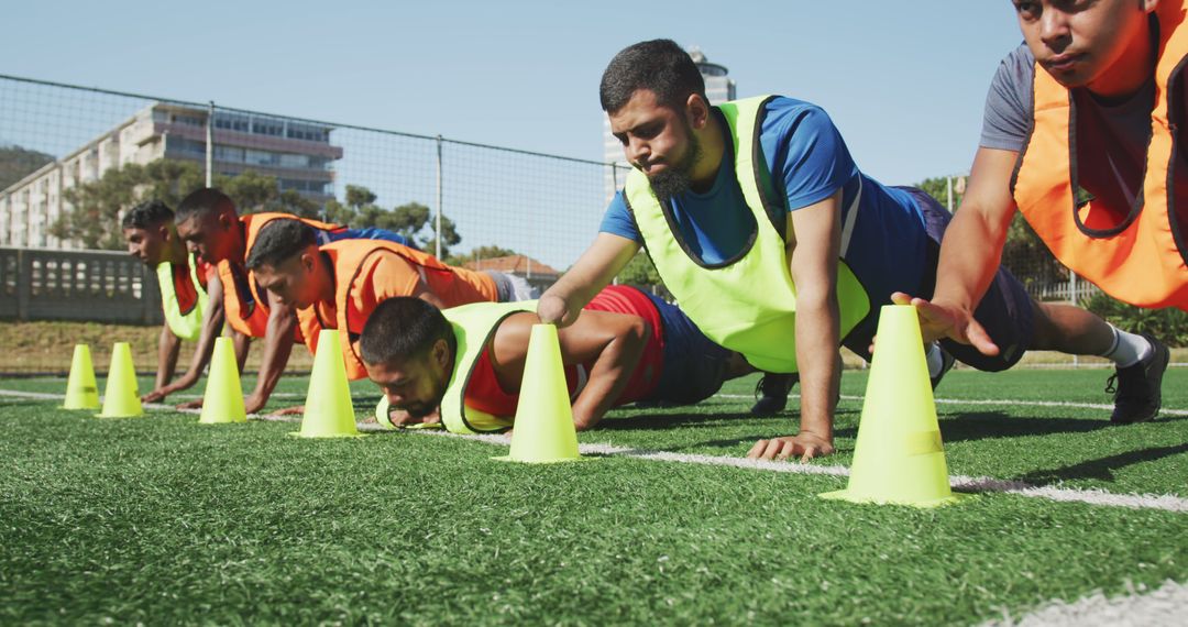 Diverse male football players training and doing push-ups on outdoor pitch - Free Images, Stock Photos and Pictures on Pikwizard.com