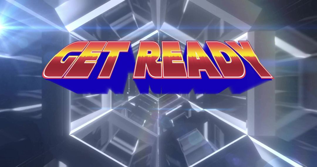 Futuristic 3D 'GET READY' Text Navigating Glowing Neon Corridor