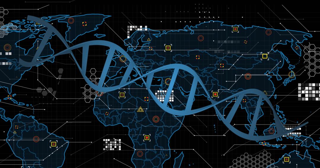 DNA Double Helix Over Digital World Map Interface