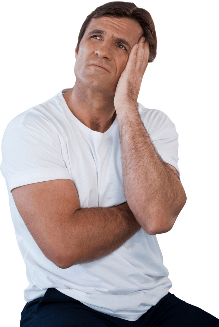 Transparent thoughtful man pondering in white t-shirt with pensive expression