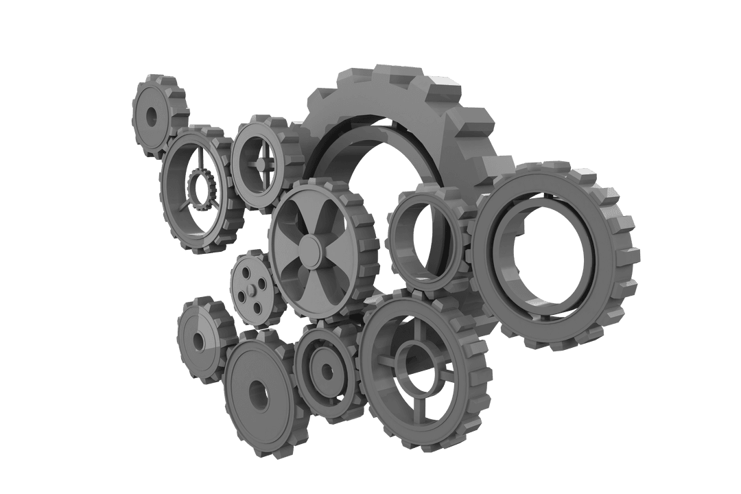 Digital Gray Cogs on Transparent Background for Creative Use