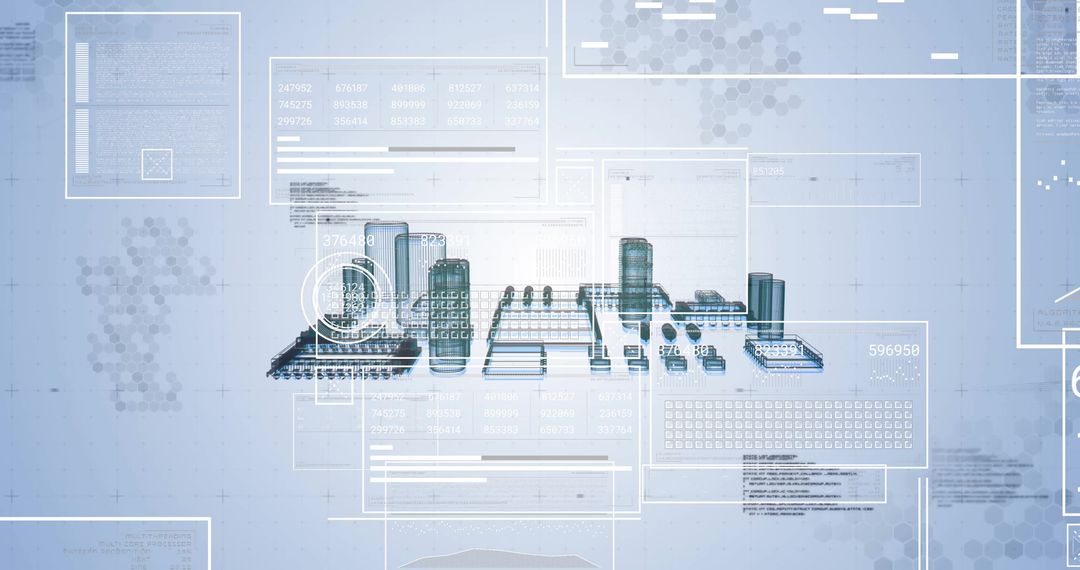 Futuristic Cityscape on Circuit-Board Platform with Digital UI Graphics