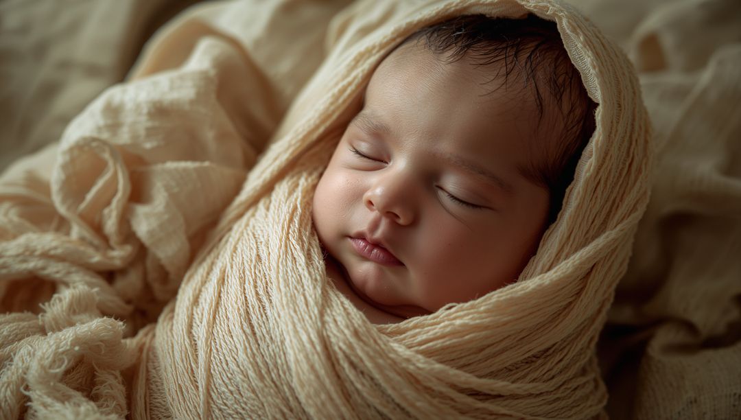 Sleeping Newborn Wrapped in Creamy Swaddle Cloth