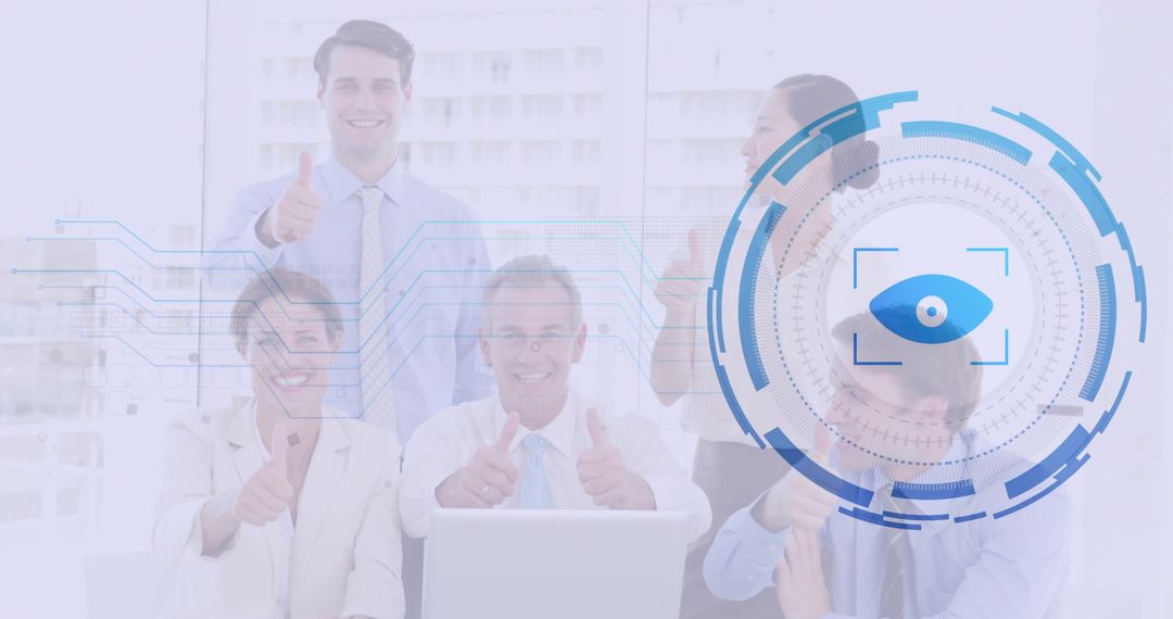 Professional Team Giving Thumbs-Up with Digital Interface Graphic
