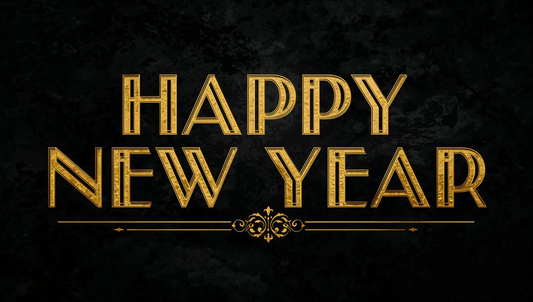 Gold Art Deco Happy New Year Typography on Black Marble Background with Ornate Divider