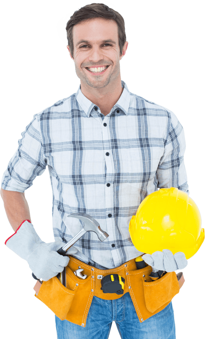 Transparent Cheerful Handyman with Tools and Yellow Hard Hat
