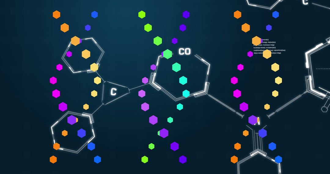 Colorful DNA Structures Interacting with Chemical Design on Blue Background