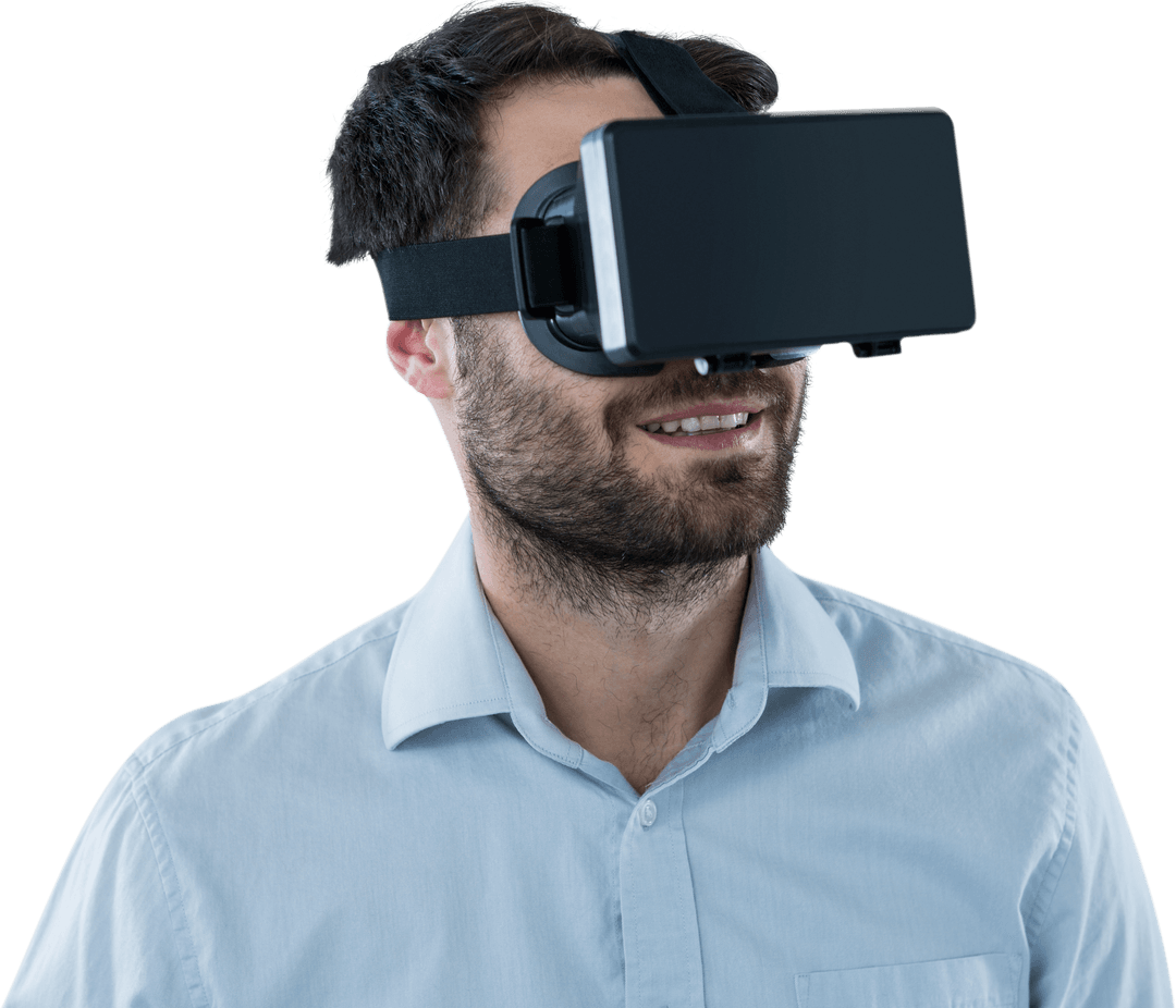 Transparent View of Man Smiling with Virtual Reality Headset